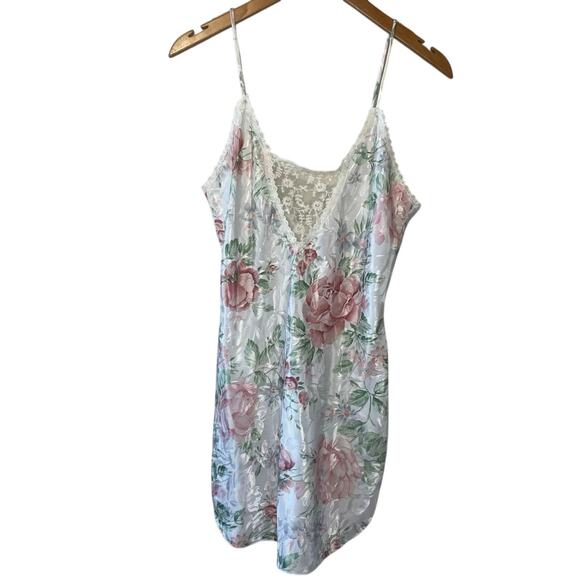 VTG Silky Textured Lace Trim V Neck Pink & Green Floral Mini Slip Dress XS - Picture 1 of 9